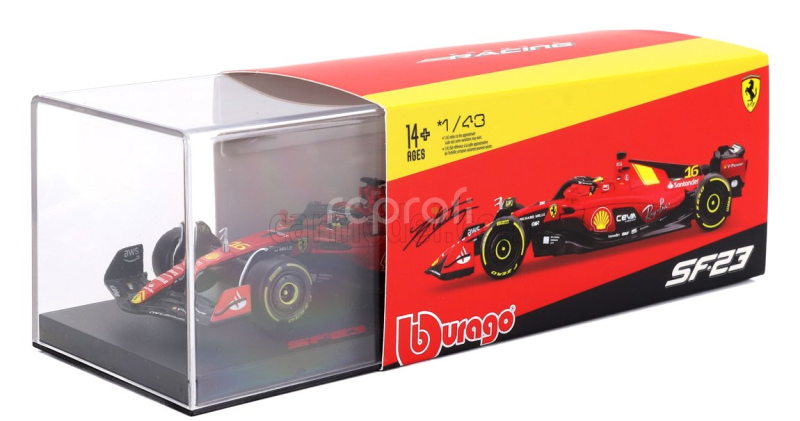 Bburago Ferrari F1  Sf-23 Team Scuderia Ferrari N 16 4th Monza Italy Gp 2023 Charles Leclerc - With Pilot And Showcase 1:43 Červená Černá Žlutá