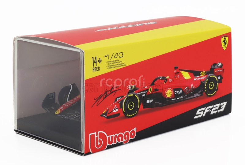 Bburago Ferrari F1  Sf-23 Team Scuderia Ferrari N 16 4th Monza Italy Gp 2023 Charles Leclerc - With Pilot And Showcase 1:43 Červená Černá Žlutá