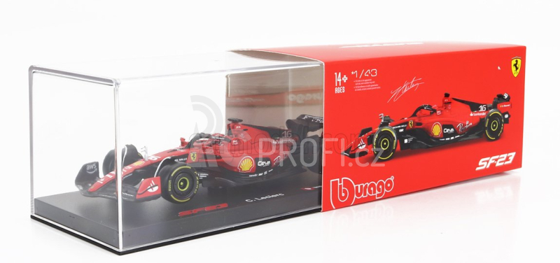 Bburago Ferrari F1  Sf-23 Team Scuderia Ferrari N 16 Season 2023 Charles Leclerc - With Pilot And Showcase - Exclusive Carmodel 1:43 Červená Černá