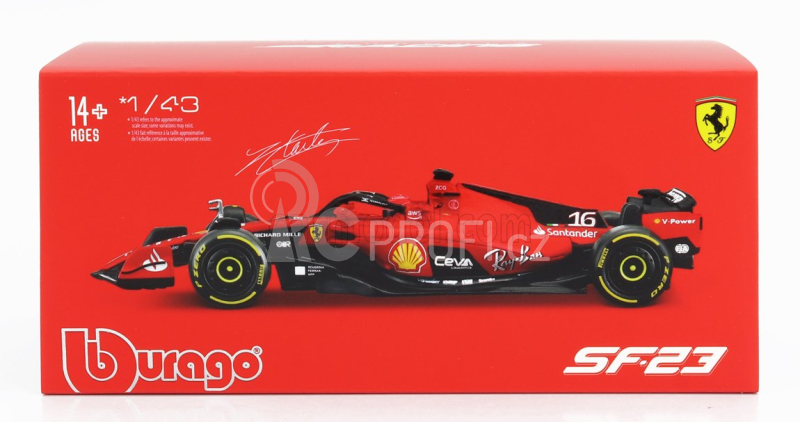 Bburago Ferrari F1  Sf-23 Team Scuderia Ferrari N 16 Season 2023 Charles Leclerc - With Pilot And Showcase - Exclusive Carmodel 1:43 Červená Černá