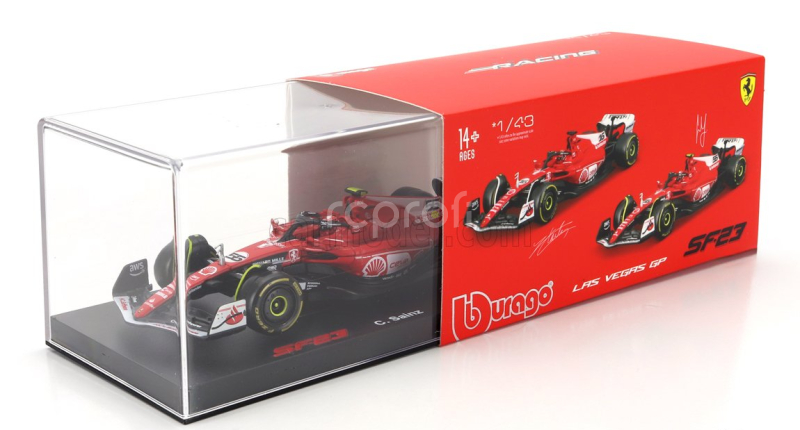 Bburago Ferrari F1  Sf-23 Team Scuderia Ferrari N 55 Las Vegas Usa Gp 2023 Carlos Sainz - With Pilot And Showcase 1:43 Červená Bílá Černá