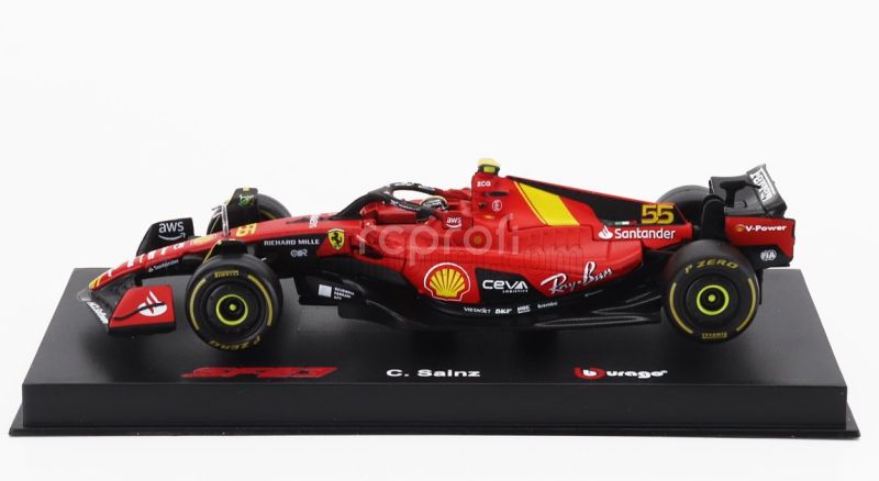 Bburago Ferrari F1  Sf-23 Team Scuderia Ferrari N 55 Pole Position 3rd Monza Italy Gp 2023 Carlos Sainz - With Pilot And Showcase 1:43 Červená Černá Žlutá