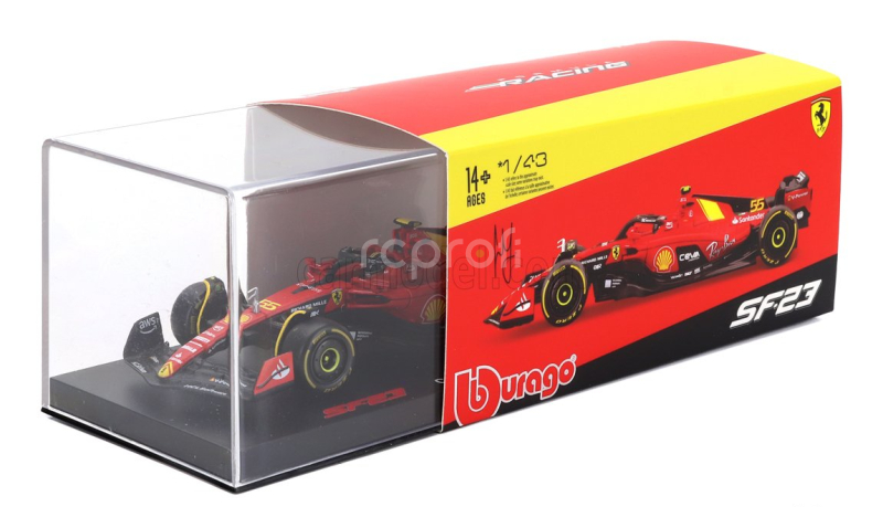 Bburago Ferrari F1  Sf-23 Team Scuderia Ferrari N 55 Pole Position 3rd Monza Italy Gp 2023 Carlos Sainz - With Pilot And Showcase 1:43 Červená Černá Žlutá