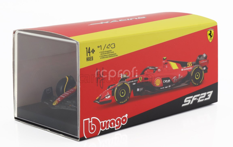 Bburago Ferrari F1  Sf-23 Team Scuderia Ferrari N 55 Pole Position 3rd Monza Italy Gp 2023 Carlos Sainz - With Pilot And Showcase 1:43 Červená Černá Žlutá