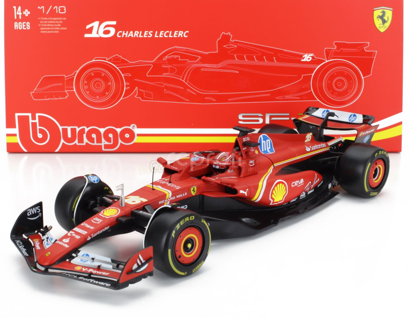 Bburago Ferrari F1  Sf-24 Team Scuderia Ferrari N 16 4th Emilia Romagna Imola Gp 2024 Charles Leclerc - Con Vetrina - With Showcase 1:18 Červená Černá