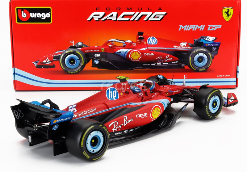 Bburago Ferrari F1  Sf-24 Team Scuderia Ferrari N 55 5th Miami Gp 2024 Carlos Sainz 1:18 Červená Černá Světle Modrá