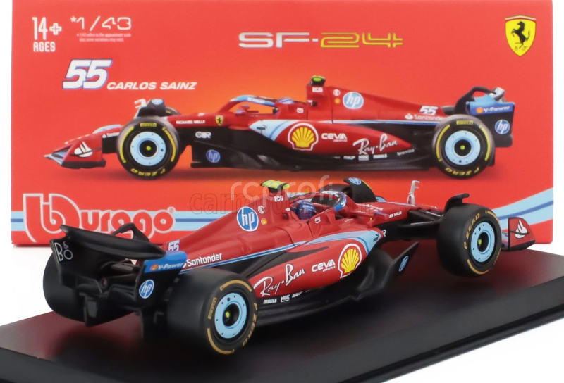 Bburago Ferrari F1  Sf-24 Team Scuderia Ferrari N 55 5th Miami Gp 2024 Carlos Sainz - With Pilot And Showcase 1:43 Červená Černá Světle Modrá