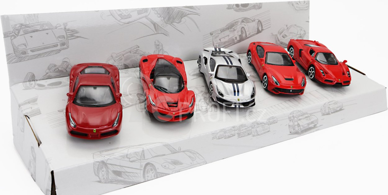 Bburago Ferrari Set 5x 488 Gtb - Enzo - 488 Pista - F-12 Berlinetta - Laferrari 1:64 Červená Stříbrná