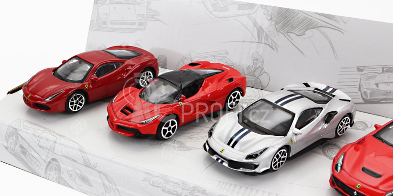 Bburago Ferrari Set 5x 488 Gtb - Enzo - 488 Pista - F-12 Berlinetta - Laferrari 1:64 Červená Stříbrná