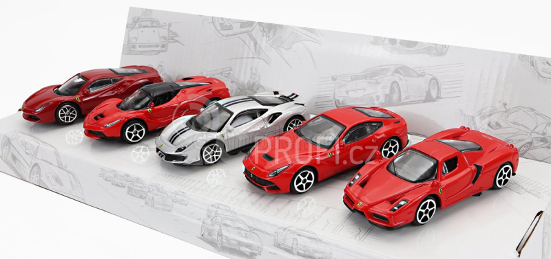 Bburago Ferrari Set 5x 488 Gtb - Enzo - 488 Pista - F-12 Berlinetta - Laferrari 1:64 Červená Stříbrná