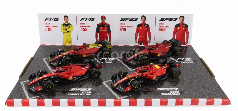 Bburago Ferrari Set F1 4x Sf-23 Team Scuderia Ferrari N 16 Season 2023 Charles Leclerc - N 55 Pole Position 3rd Monza Italy Gp 2023 Carlos Sainz - F1-75 N 16 2nd Monza Gp Italy (pole Position) 2022 Charles Leclerc - N 55 Season 2022 Carlos Sainz 1:43 Červená Černá Žlutá