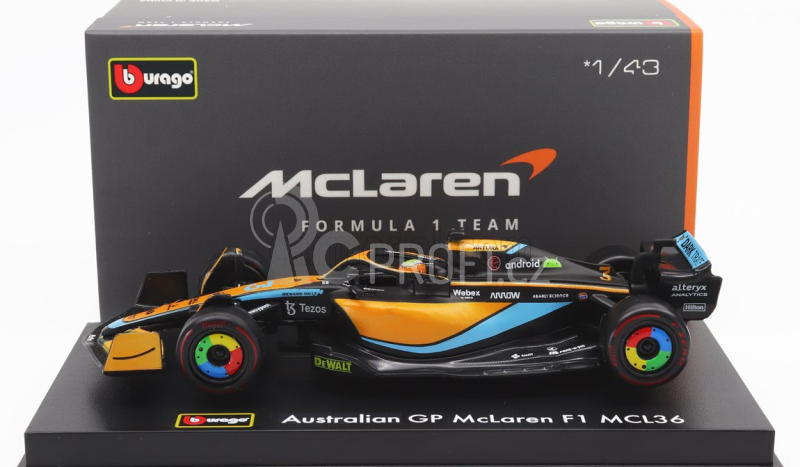 Bburago Mclaren F1  Mcl36 Mercedes Team Mclaren N 3 Australian Gp 2022 Daniel Ricciardo - With Helmet And Plastic Showcase 1:43 Oranžová Světle Modrá