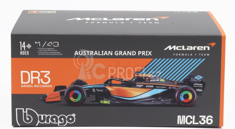 Bburago Mclaren F1  Mcl36 Mercedes Team Mclaren N 3 Australian Gp 2022 Daniel Ricciardo - With Helmet And Plastic Showcase 1:43 Oranžová Světle Modrá