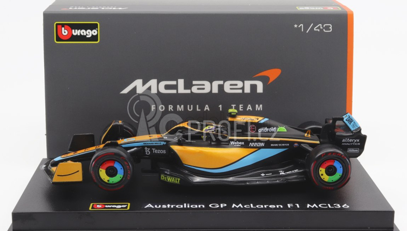 Bburago Mclaren F1  Mcl36 Mercedes Team Mclaren N 4 Australian Gp 2022 Lando Norris - With Helmet And Plastic Showcase 1:43 Oranžová Světle Modrá