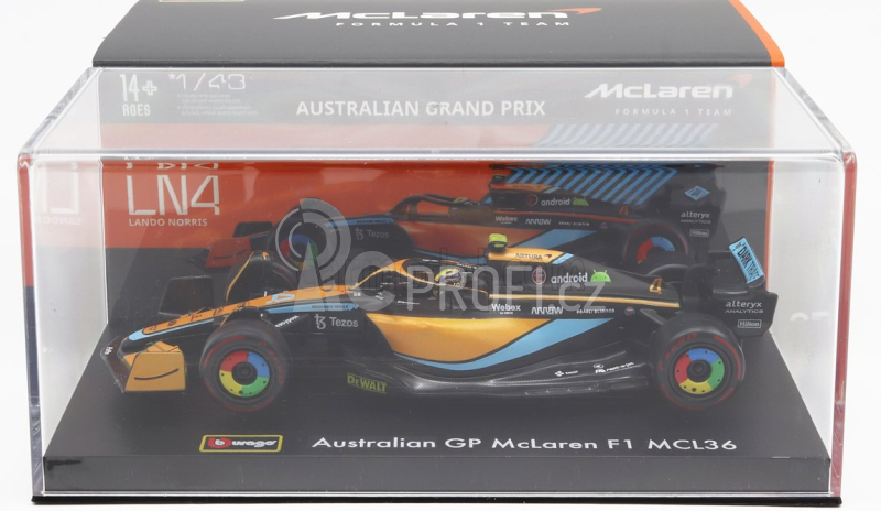 Bburago Mclaren F1  Mcl36 Mercedes Team Mclaren N 4 Australian Gp 2022 Lando Norris - With Helmet And Plastic Showcase 1:43 Oranžová Světle Modrá