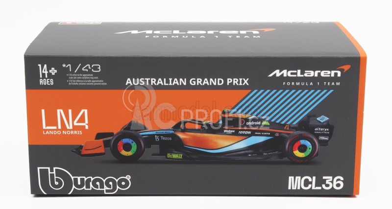 Bburago Mclaren F1  Mcl36 Mercedes Team Mclaren N 4 Australian Gp 2022 Lando Norris - With Helmet And Plastic Showcase 1:43 Oranžová Světle Modrá
