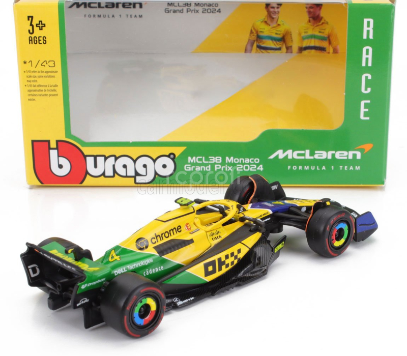 Bburago Mclaren F1  Mcl38 Team Mclaren N 4 4th Monaco Gp (senna 30th Anniversary) 2024 Lando Norris 1:43 Žlutá Zelená Černá
