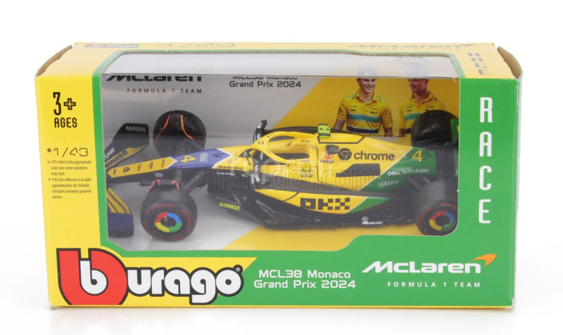 Bburago Mclaren F1  Mcl38 Team Mclaren N 4 4th Monaco Gp (senna 30th Anniversary) 2024 Lando Norris 1:43 Žlutá Zelená Černá