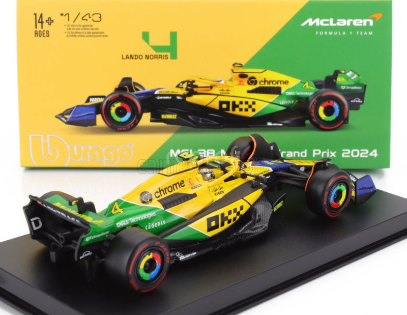 Bburago Mclaren F1  Mcl38 Team Mclaren N 4 4th Monaco Gp (senna 30th Anniversary) 2024 Lando Norris - With Pilot And Showcase 1:43 Žlutá Zelená Černá