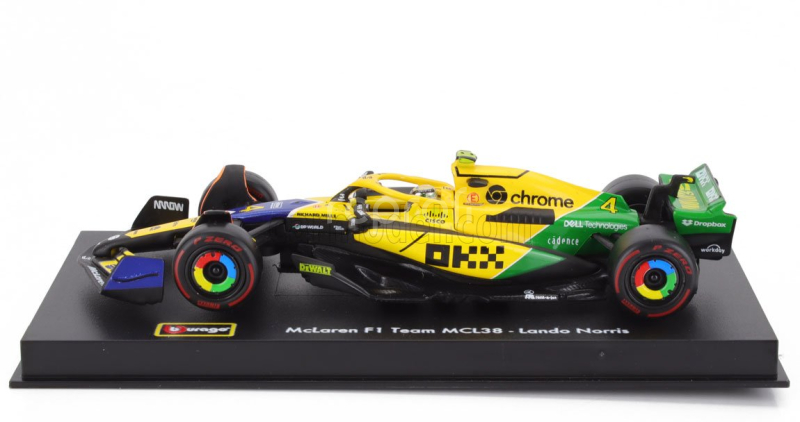 Bburago Mclaren F1  Mcl38 Team Mclaren N 4 4th Monaco Gp (senna 30th Anniversary) 2024 Lando Norris - With Pilot And Showcase 1:43 Žlutá Zelená Černá