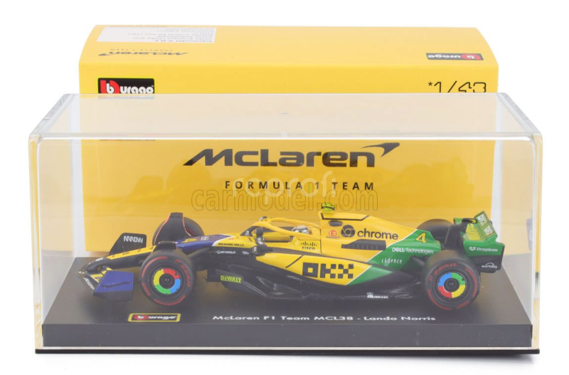 Bburago Mclaren F1  Mcl38 Team Mclaren N 4 4th Monaco Gp (senna 30th Anniversary) 2024 Lando Norris - With Pilot And Showcase 1:43 Žlutá Zelená Černá