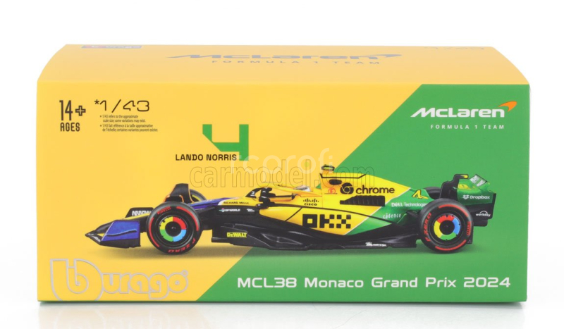 Bburago Mclaren F1  Mcl38 Team Mclaren N 4 4th Monaco Gp (senna 30th Anniversary) 2024 Lando Norris - With Pilot And Showcase 1:43 Žlutá Zelená Černá