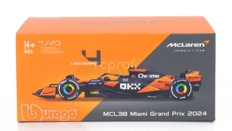 Bburago Mclaren F1  Mcl38 Team Mclaren N 4 Winner Miami Gp 2024 First F1 Victory Lando Norris - With Pilot And Showcase 1:43 Oranžová Černá