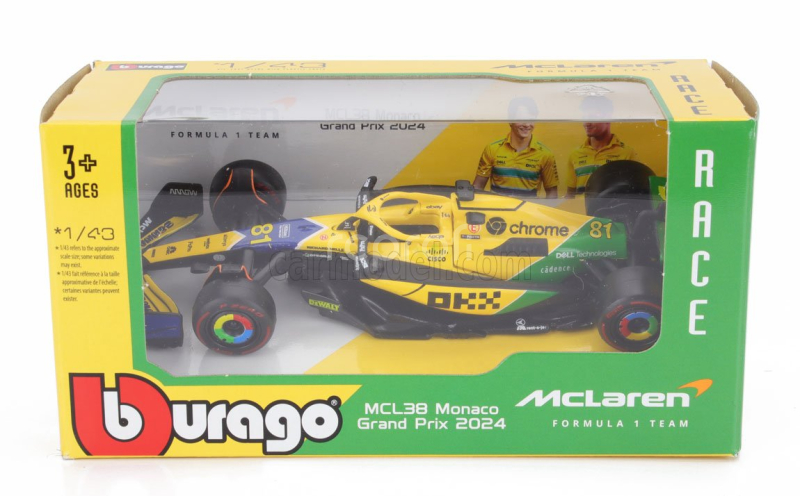 Bburago Mclaren F1  Mcl38 Team Mclaren N 81 2nd Monaco Gp (senna 30th Anniversary) 2024 Oscar Piastri 1:43 Žlutá Zelená Černá