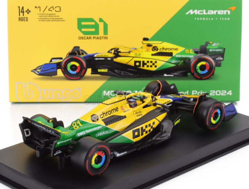 Bburago Mclaren F1  Mcl38 Team Mclaren N 81 2nd Monaco Gp (senna 30th Anniversary) 2024 Oscar Piastri - With Pilot And Showcase 1:43 Žlutá Zelená Černá