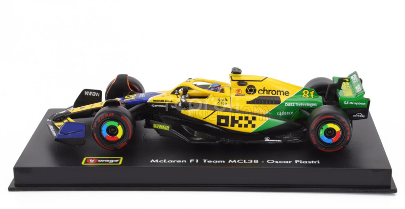 Bburago Mclaren F1  Mcl38 Team Mclaren N 81 2nd Monaco Gp (senna 30th Anniversary) 2024 Oscar Piastri - With Pilot And Showcase 1:43 Žlutá Zelená Černá