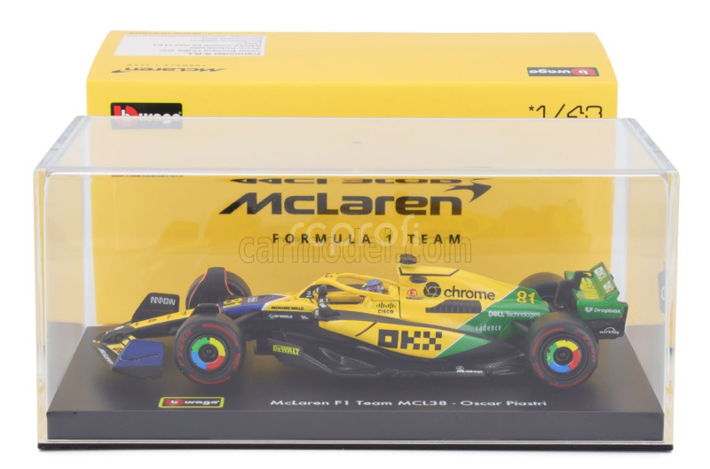 Bburago Mclaren F1  Mcl38 Team Mclaren N 81 2nd Monaco Gp (senna 30th Anniversary) 2024 Oscar Piastri - With Pilot And Showcase 1:43 Žlutá Zelená Černá