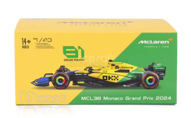 Bburago Mclaren F1  Mcl38 Team Mclaren N 81 2nd Monaco Gp (senna 30th Anniversary) 2024 Oscar Piastri - With Pilot And Showcase 1:43 Žlutá Zelená Černá