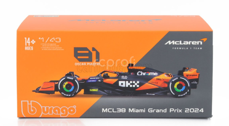 Bburago Mclaren F1  Mcl38 Team Mclaren N 81 Miami Gp 2024 Oscar Piastri - With Pilot And Showcase 1:43 Oranžová Černá