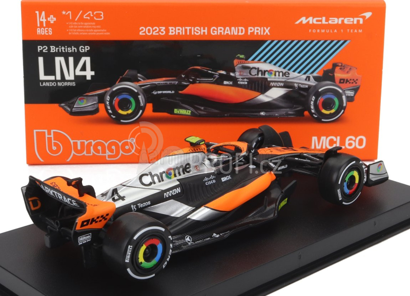 Bburago Mclaren F1  Mcl60 Team Mclaren N 4 2nd British Gp 2023 Lando Norris - Con Pilota E Vetrina - With Pilot And Showcase 1:43 Oranžová Černá Chrom