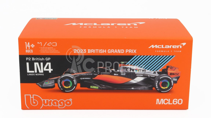 Bburago Mclaren F1  Mcl60 Team Mclaren N 4 2nd British Gp 2023 Lando Norris - Con Pilota E Vetrina - With Pilot And Showcase 1:43 Oranžová Černá Chrom