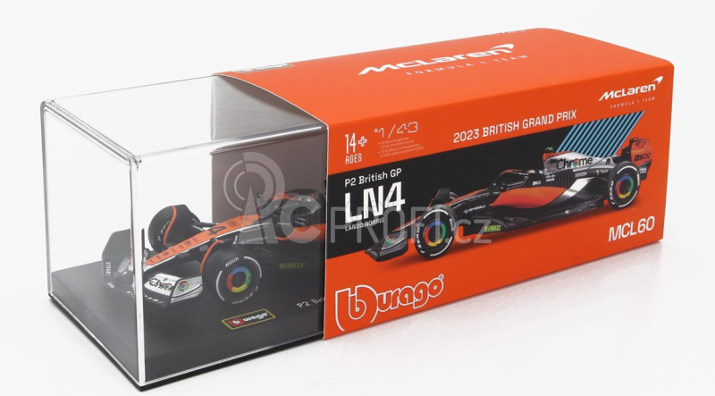 Bburago Mclaren F1  Mcl60 Team Mclaren N 4 2nd British Gp 2023 Lando Norris - Con Pilota E Vetrina - With Pilot And Showcase 1:43 Oranžová Černá Chrom