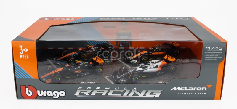 Bburago Mclaren F1  Set 4x - Team Mclaren Mcl36 N 4 Abu Dhabi Gp 2022 - Mcl60 N 4 Singapore Gp - Monaco Gp - British Gp 2023 Lando Norris 1:43 Oranžová Černá Bílá