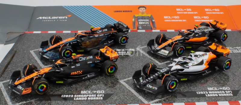 Bburago Mclaren F1  Set 4x - Team Mclaren Mcl36 N 4 Abu Dhabi Gp 2022 - Mcl60 N 4 Singapore Gp - Monaco Gp - British Gp 2023 Lando Norris 1:43 Oranžová Černá Bílá