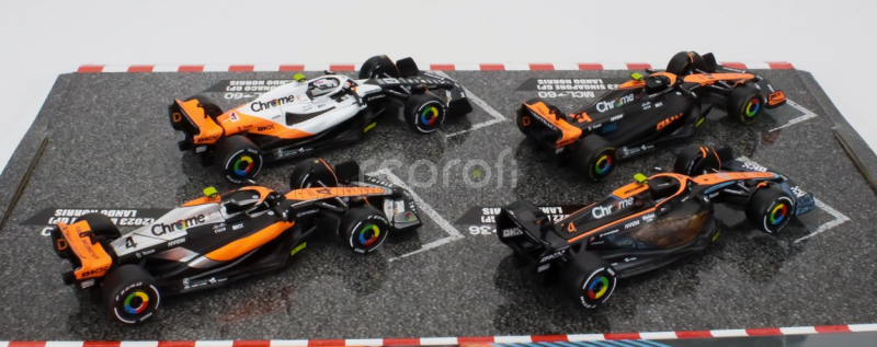 Bburago Mclaren F1  Set 4x - Team Mclaren Mcl36 N 4 Abu Dhabi Gp 2022 - Mcl60 N 4 Singapore Gp - Monaco Gp - British Gp 2023 Lando Norris 1:43 Oranžová Černá Bílá