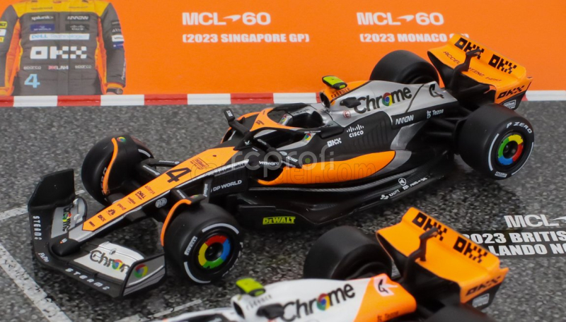 Bburago Mclaren F1  Set 4x - Team Mclaren Mcl36 N 4 Abu Dhabi Gp 2022 - Mcl60 N 4 Singapore Gp - Monaco Gp - British Gp 2023 Lando Norris 1:43 Oranžová Černá Bílá