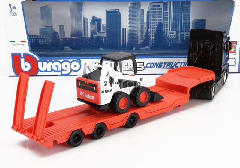 Bburago Mercedes benz Actros 2 Gigaspace Truck Pianale Trasporto Bobcat Ruspa Gommata Front Loader Scraper 2016 1:43 Černá Oranžová