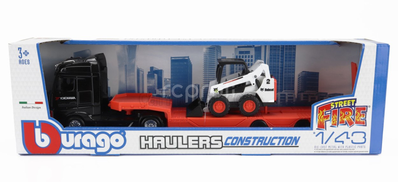 Bburago Mercedes benz Actros 2 Gigaspace Truck Pianale Trasporto Bobcat Ruspa Gommata Front Loader Scraper 2016 1:43 Černá Oranžová