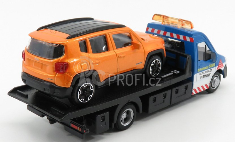 Bburago Mercedes benz Sprinter Soccorso Stradale With Jeep Renegade - Carro Attrezzi - Wrecker Road Service 1:43 Světle Modrá Oranžová