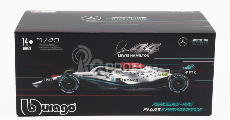 Bburago Mercedes gp F1 W13e Team Mercedes-amg Petronas F1 N 44 Season 2022 Lewis Hamilton - With Helmet And Plastic Showcase 1:43 Stříbrná Zelená