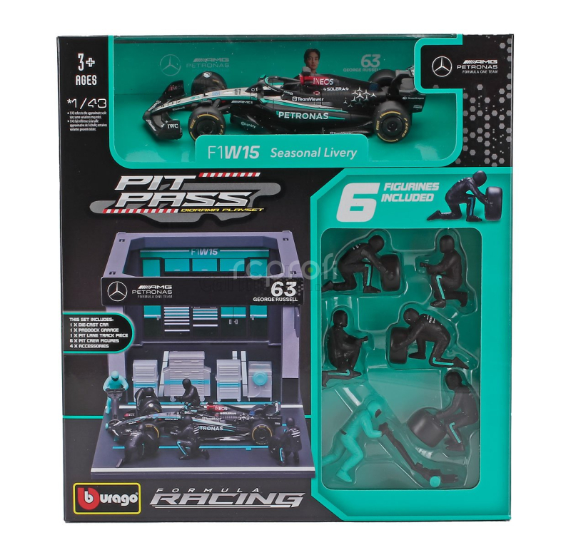 Bburago Mercedes gp F1  W14 Eq Performance Diorama Garage Pit-stop Team Amg Petronas Motorsport N 63 Season 2023 George Russell With Crew Figure And Accessories 1:43 Černá Stříbrná Zelená