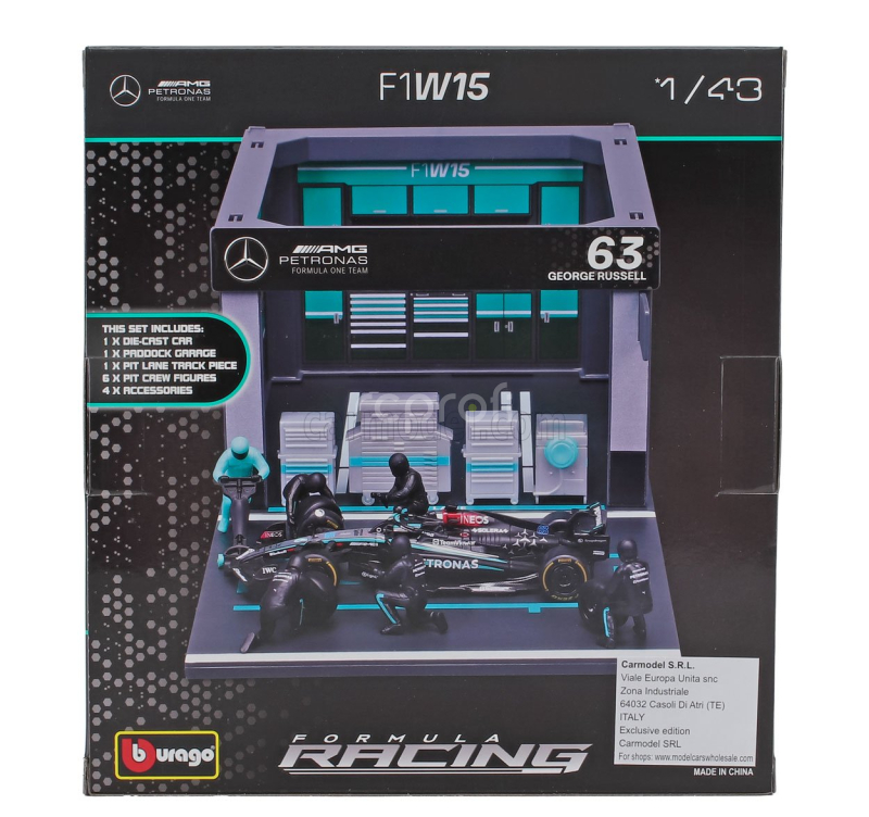Bburago Mercedes gp F1  W14 Eq Performance Diorama Garage Pit-stop Team Amg Petronas Motorsport N 63 Season 2023 George Russell With Crew Figure And Accessories 1:43 Černá Stříbrná Zelená