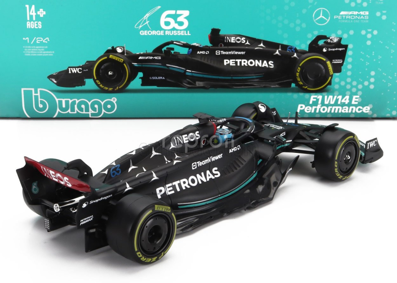 Bburago Mercedes gp F1 W14 Team Mercedes-amg Petronas Formula One N 63 Season 2023 George Russell - With Pilot And Showcase 1:24 Matt Black