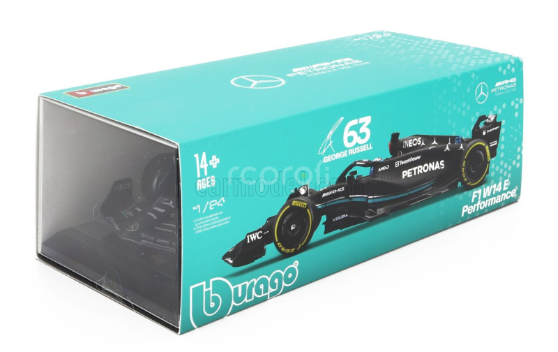 Bburago Mercedes gp F1 W14 Team Mercedes-amg Petronas Formula One N 63 Season 2023 George Russell - With Pilot And Showcase 1:24 Matt Black