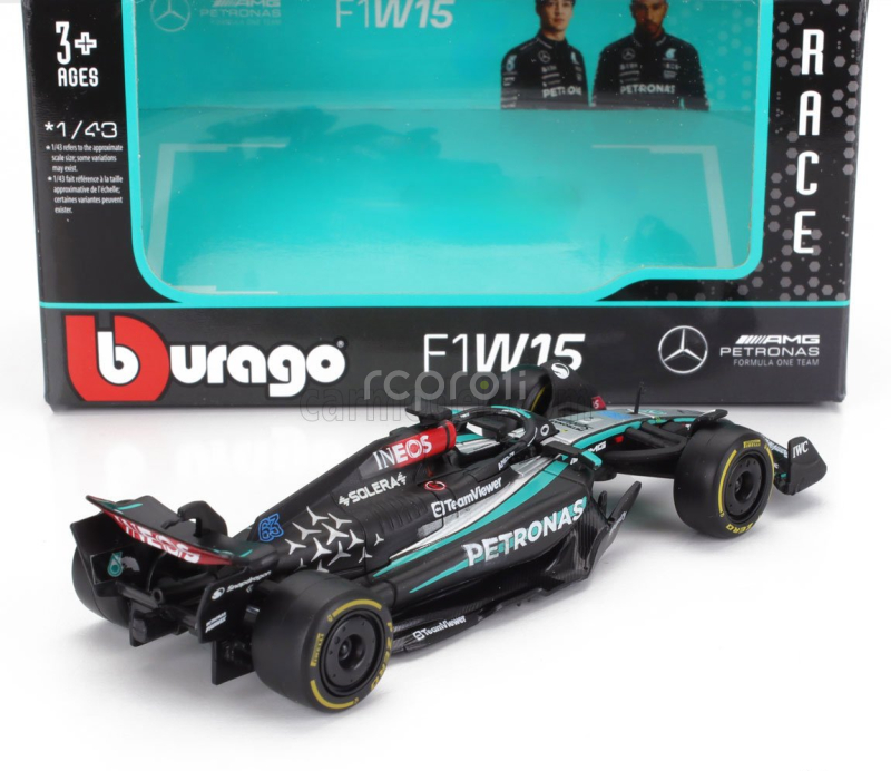 Bburago Mercedes gp F1  W15 Eq Performance Team Amg Petronas Motorsport N 63 Season 2024 George Russell 1:43 Černá Stříbrná Zelená