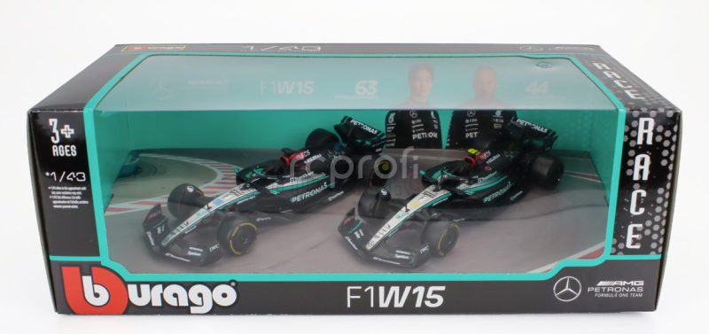 Bburago Mercedes gp Set F1  2x W15 Eq Performance Team Amg Petronas Motorsport N 44 Season 2024 Lewis Hamilton + N 63 Season 2024 George Russell 1:43 Černá Stříbrná Zelená